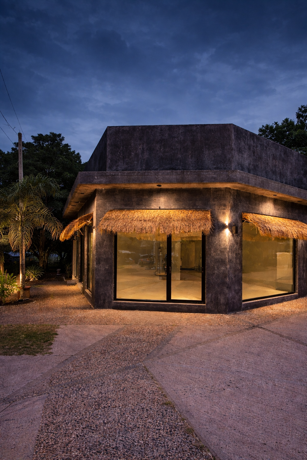 Fachada del Mercado Maya iluminada de noche